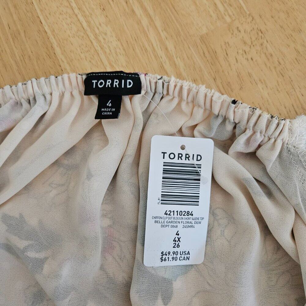 Torrid Chiffon Clip Dot Blouson Short Sleeve Top -Tan floral-torrid 4 (26) NWT - Picture 5 of 10